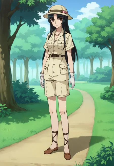score_9,score_8_up,score_7_up,score_6_up,score_5_up,score_4_up,anime coloring BREAK source_anime,anime,<lora:Wang_Liu_Gundam00_Pony_v2:0.8>,liumeis2,1girl,solo,brown eyes,black hair,long hair,parted bangs,pith helmet,safari outfit,white gloves,shorts,ankle lace-up,standing,looking_at_viewer,outdoors,