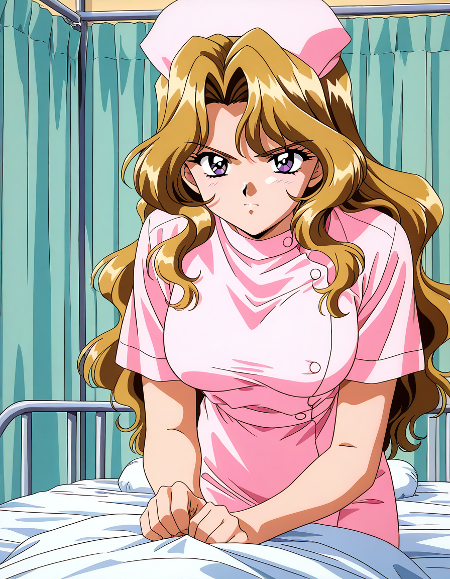 general,highres, ultra-detailed,very aesthetic,best quality ,best hands,  BREAK <lora:Shindou_Reiko_Anime_IS:1>
Shindou_Reiko(Anime_Ver),1girl, solo, long hair, blonde hair, purple eyes,  wavy hair, large breasts, 1990s \(style\),retro artstyle, anime coloring, serious face,
nurse, nurse cap,  hospital, bed,