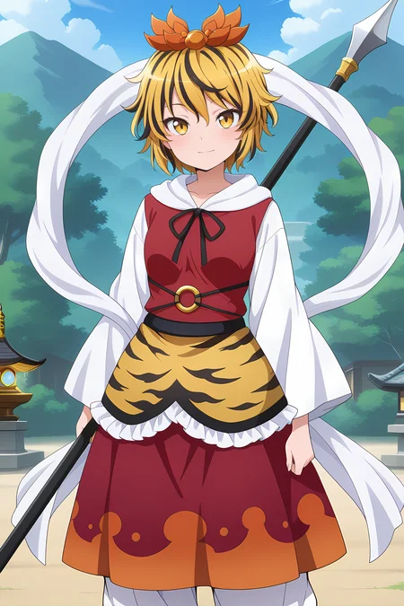 absurdres, highres, masterpiece, best quality, amazing quality, official anime artwork, screencap, anime screencap, outdoors, looking at viewer, light smile, 
 <lora:Shou-Toramaru_Illustrious:1> toramaru shou, 1girl, solo, two-tone hair, blonde hair, black hair, yellow eyes, short hair, streaked hair,, hair ornament, red dress, white sleeves, long sleeves, wide sleeves, red skirt, tiger print, white pants, shawl, bishamonten's spear, bishamonten's pagoda
