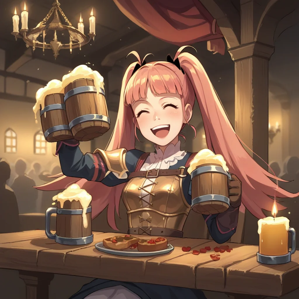 score_9, score_8_up, score_7_up, score_6_up, score_5_up, score_4_up, zPDXL2,source_anime,rating_questionable, 1girl, solo, night, night time,sitting, medieval armor,cheering, raising beer mug, excited, hilda_valentine_goneril , smile, <lora:Tavern:0.7> t4v3rn, indoors, tables, window, chandelier, candles, food, crowd