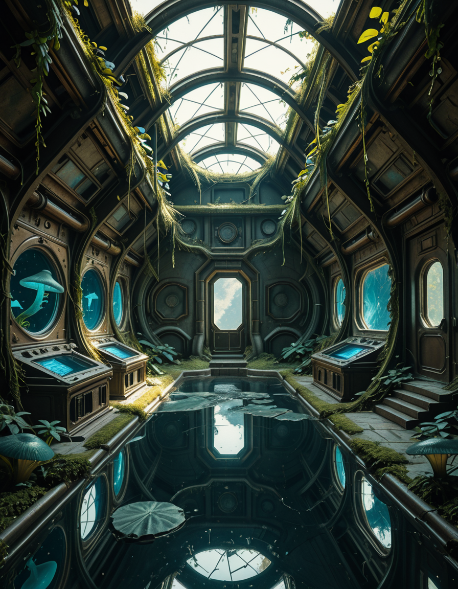 The interior of an ancient abandoned spaceship, overtaken by lush vegetation. The walls and ceiling are covered in thick, twisting vines and moss. Strange alien plants glow faintly in shades of blue and green, casting an eerie, mystical light across the metallic surfaces. Rusted control panels and shattered glass windows hint at a long-forgotten past. The floor is cracked and partially flooded with still, reflective water. Patches of bioluminescent fungi cling to the corners, adding a surreal atmosphere. The air feels heavy with moisture, and beams of soft, diffused light filter through holes in the hull, creating dramatic shafts of light and shadow. The overall style is hyper-realistic, rich in textures, with a cinematic and slightly melancholic mood.<lora:SDXLFaeTastic2400:0.4> <lora:extremely_detailed:0.4> extremely detailed,ancient abandoned sp4c3sh1p, <lora:ancient_abandoned_sp4c3sh1p-i:1>, Masterpiece,best quality,hi res,8k,hi res,8k,award winning,(sharp focus, intricate, highly detailed),