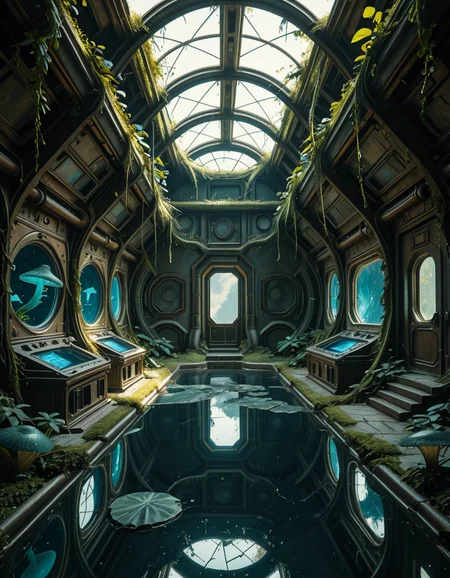 The interior of an ancient abandoned spaceship, overtaken by lush vegetation. The walls and ceiling are covered in thick, twisting vines and moss. Strange alien plants glow faintly in shades of blue and green, casting an eerie, mystical light across the metallic surfaces. Rusted control panels and shattered glass windows hint at a long-forgotten past. The floor is cracked and partially flooded with still, reflective water. Patches of bioluminescent fungi cling to the corners, adding a surreal atmosphere. The air feels heavy with moisture, and beams of soft, diffused light filter through holes in the hull, creating dramatic shafts of light and shadow. The overall style is hyper-realistic, rich in textures, with a cinematic and slightly melancholic mood.<lora:SDXLFaeTastic2400:0.4> <lora:extremely_detailed:0.4> extremely detailed,ancient abandoned sp4c3sh1p, <lora:ancient_abandoned_sp4c3sh1p-i:1>, Masterpiece,best quality,hi res,8k,hi res,8k,award winning,(sharp focus, intricate, highly detailed),