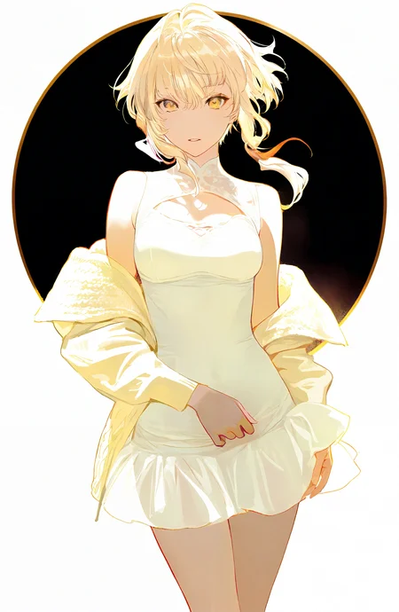1girl, solo, breasts, looking_at_viewer, blonde_hair, dress, yellow_eyes, white_dress, short_hair_with_long_locks