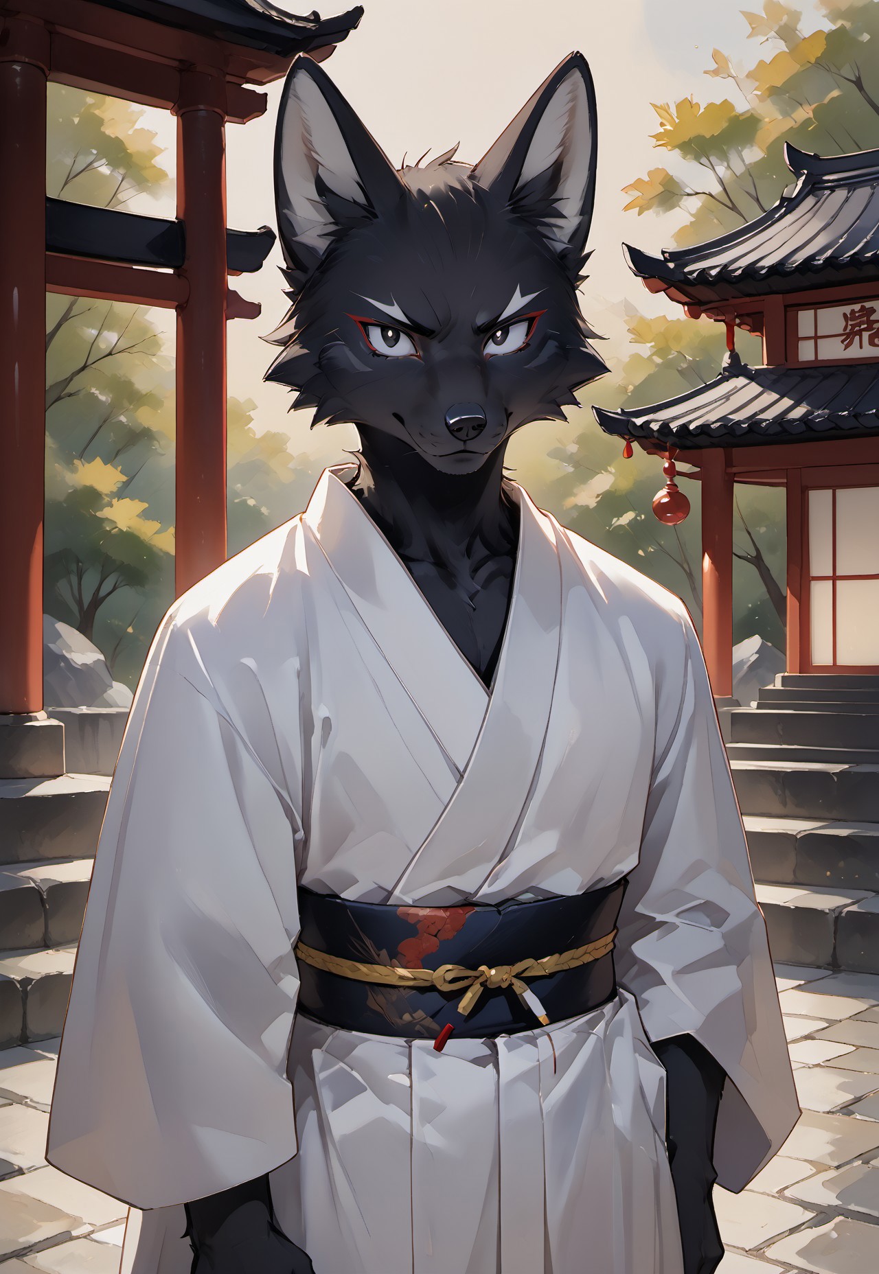 Anthropomorphic black fox (black fur) (short black hair) (completely black eyes, white pupils). He is dressed in a white kimono. displeased. The structure of the Japanese temple. The Orphen sirius style. JuliaTDC Style~ArtS