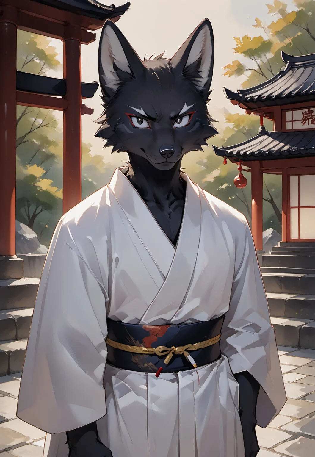 Anthropomorphic black fox (black fur) (short black hair) (completely black eyes, white pupils). He is dressed in a white kimono. displeased. The structure of the Japanese temple. The Orphen sirius style. JuliaTDC Style~ArtS