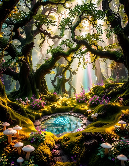 A magical, enchanted forest,3nch4nt3d f0r3st bathed in soft, ethereal light. Towering ancient trees with twisted, gnarled branches stretch towards the sky, their leaves glowing faintly with bioluminescent hues of green and blue. The forest floor is lush with vibrant moss and scattered with luminous mushrooms of various colorsâpink, purple, and orangeâthat emit a soft, otherworldly glow. Golden and purple light filters through the dense canopy above, casting dappled patterns on the ground.
In the heart of the scene, a small, glowing orb hovers just above the moss, radiating warmth and subtle sparkles. Fireflies drift lazily through the air, leaving faint trails of light behind them. The atmosphere feels mystical and serene, as if this forest is alive with ancient magic. The overall lighting is dreamy, with a harmonious blend of soft pink, purple, and green tones that enhance the enchanted quality of the scene..<lora:SDXLFaeTastic2400:0.4> <lora:extremely_detailed:0.4> extremely detailed, <lora:3nch4nt3d_f0r3st:1>, Masterpiece,best quality,hi res,8k,hi res,8k,award winning,(sharp focus, intricate, highly detailed),