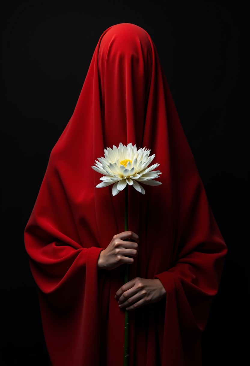 red cloth draped figure, white chrysanthemum, conceptual portrait, anonymous subject, obscured human form, mysterious atmosphere, minimalist composition, dark moody lighting, rich textures, monochromatic scheme,best quality,masterpiece,