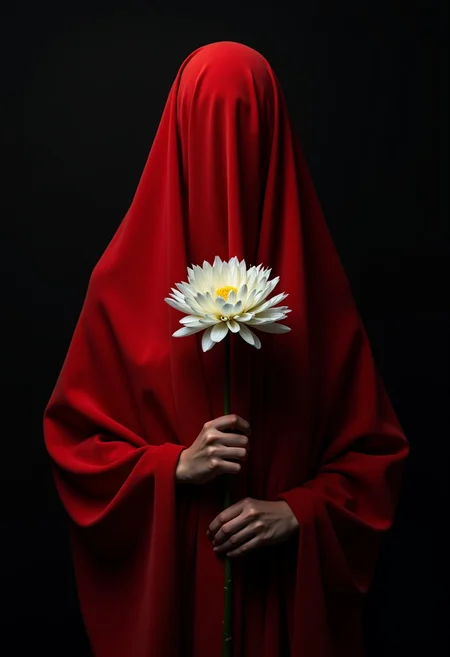 red cloth draped figure, white chrysanthemum, conceptual portrait, anonymous subject, obscured human form, mysterious atmosphere, minimalist composition, dark moody lighting, rich textures, monochromatic scheme,best quality,masterpiece,