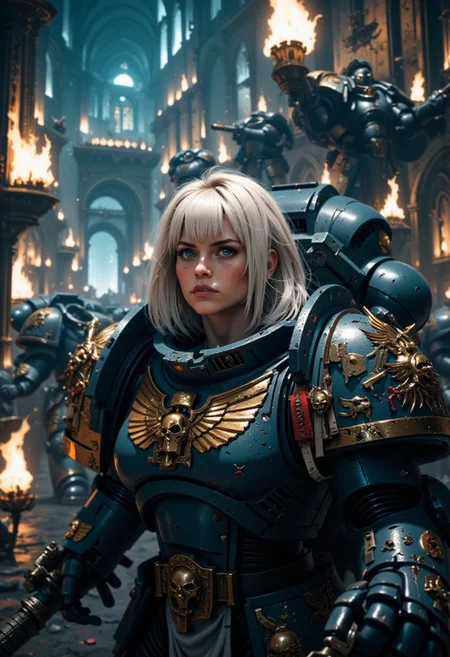 UHD sci-fi movie still, photograph, half-body portrait, low-angle cam, HDR, RAW. Photography. sexy girl with white hair wearing GreyK40k Warhammer 40K marine power-armor horrified crying in post-apocalyptic demolished city at night, tears, fires, shadows, fantasy, sci-fi world, Stunning visuals, Texture, beautiful face features. beautiful eyes, glossy lips, Full body portrait <lora:FluxGreyK40k:0.9> <lora:FluxMythP0rtr4itStyle:0.6> mythp0rt,