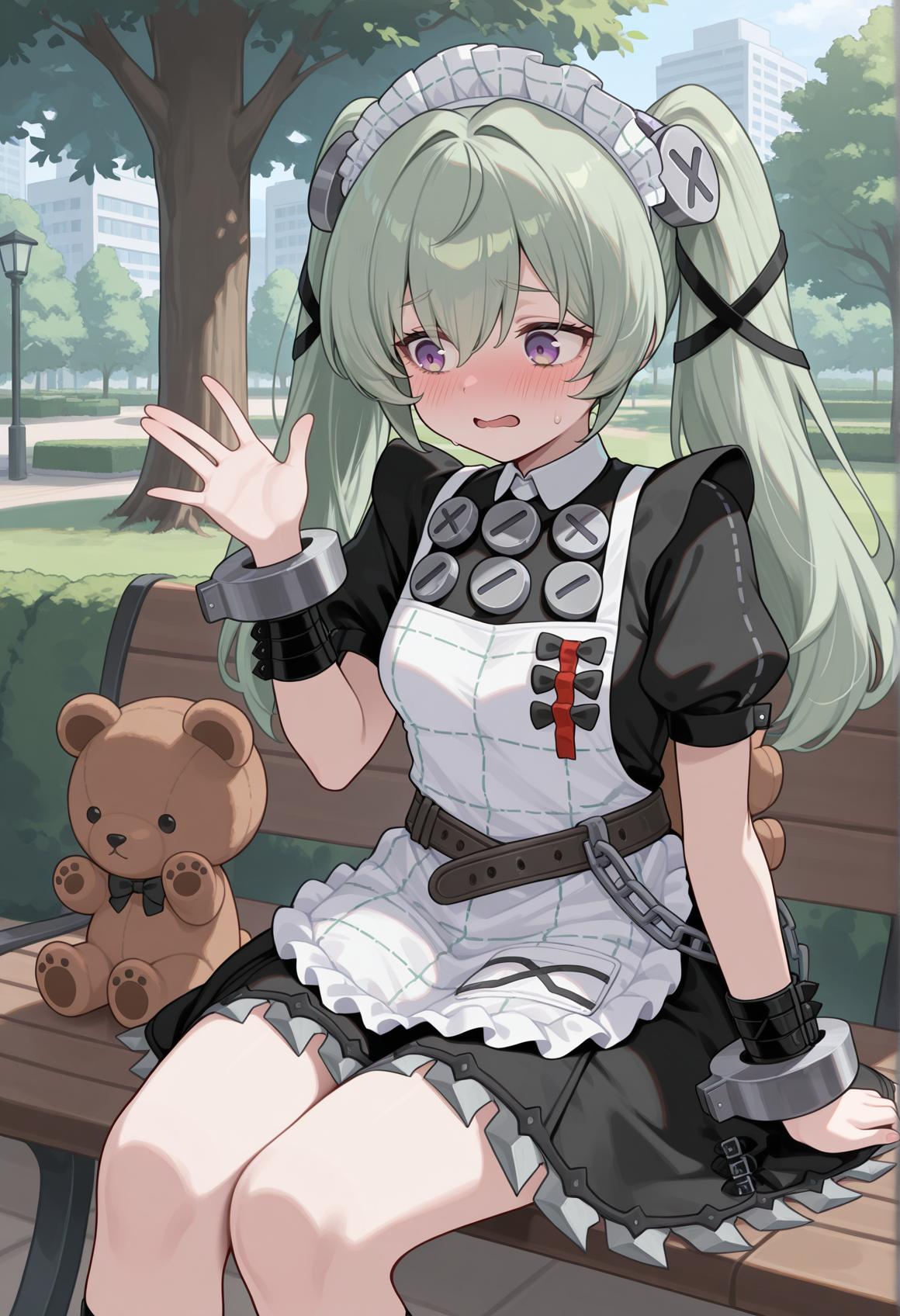 purple eyes, embarrassed, 1girl, solo, long hair, green hair, twintails, screw hair ornament, maid, maid headdress, maid unifrom, screw, apron, wristbands, shackles, short sleeves, puffy sleeves, belt, chain, holding teddy bear, waving, outdoors, park, sitting <lora:corin_illus:1>, masterpiece, best quality, amazing quality, very aesthetic, absurdres, highres, newest