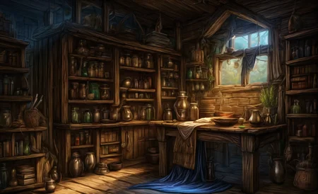medieval, interior, medieval interior, wooden interior, table, chair, big black cauldron, shelves, books, scrolls, window covered with thin see-through animal hides, (jars filled with mysterious ingredients for brewing potions with:0.8), herbs, a small pestle and mortar, 
HD, very detailed, ambient lighting,
<lora:more_details:1> <lora:Bloodborne:0.25> ,   <lora:FantasyInteriors:0.4> fanint <lora:FantasyStudy:0.4> fanstu