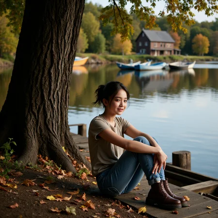 profession photograph still a gorgeous, teenager sitting on a bench on a dock next to a lake, t-shirt and jeans, leather shoe, cute teenager smiles, pony hair, under the shade of a old giant tree, falling autumn leaf. rustic old house, broken windows, broken boats, reflects from the lake water, detail attention to the eye and face, gorgeous.
<lora:fluxenhancer:1> <lora:Gulnazar_Flux_rank16_bf16:1>