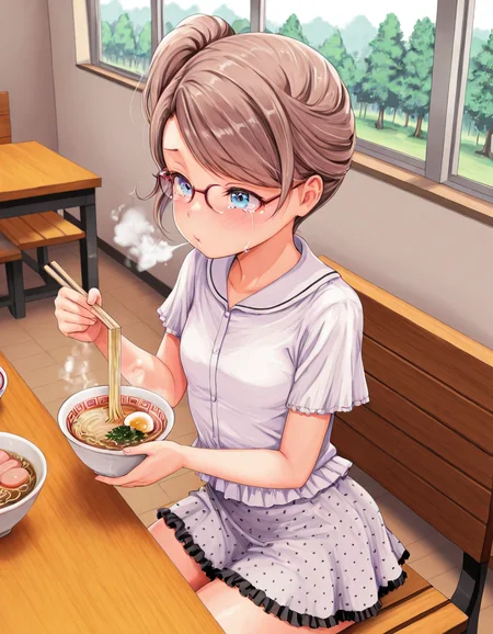 masterpiece, amazing quality, high resolution, park, bench, trees, Soyoka, petite, flat chest, glasses, blue eyes, brown hair, side ponytail, tears, sideswept bangs, frill shirt, polka dot skirt, indoors, table, chair, food, ramen bowl, steam, blowing at ramen, dynamic angle