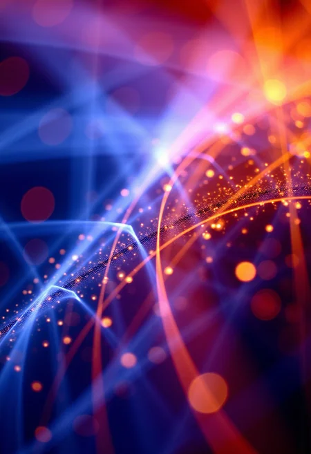 Fractals and bokeh swirl in brilliant shades of blue, purple and red. burned colors glowing with orange heat. Bands of white light dash across the canvas. High saturation and contrast. sharp lines come into focus.