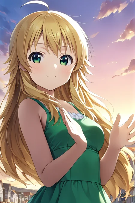 hoshii_miki, 1girl, solo,petite,long hair, blonde hair, green eyes,ahoge,medium breasts,close up,standing,looking at viewer,flowerhands, Make flower shape with both hands, open palms,incoming,upperbody,smile,cloud,sunset,town,wind<lora:Hoshii_Miki:0.7> <lora:better skin typeB-v1:0.7> <lora:XDetail_light:1>masterpiece,best quality,source anime
 <lora:negativeXL_D:1> <lora:_sdxl-flowerhands:0.7>