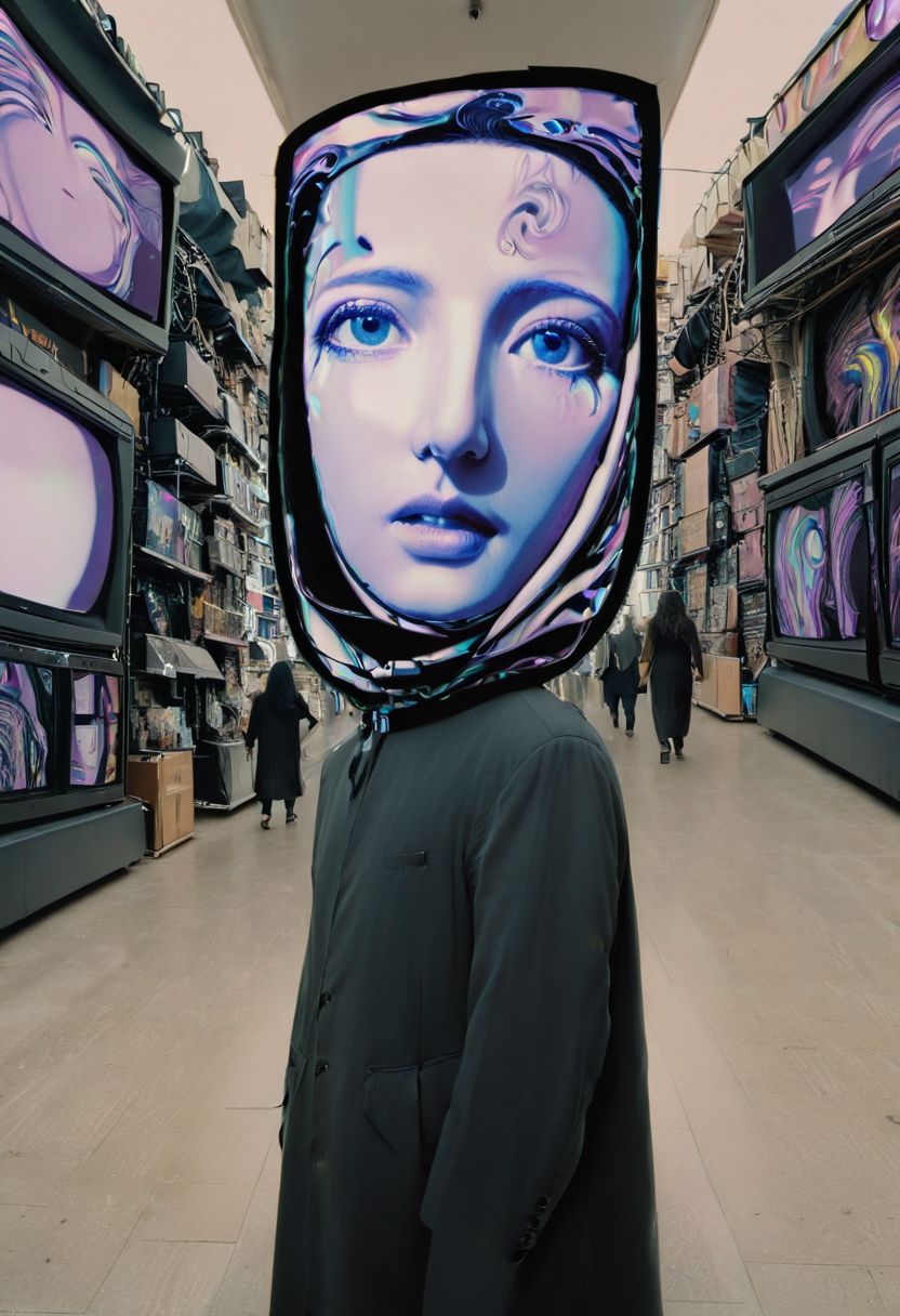 The Mona Lisa, displayed in the warped timelines of an enigmatic glitch spectre as he walks in paranoia through the busy streets of Tel Aviv