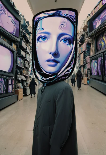 The Mona Lisa, displayed in the warped timelines of an enigmatic glitch spectre as he walks in paranoia through the busy streets of Tel Aviv