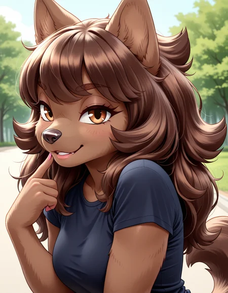 masterpiece, best quality, very aesthetic, absurdres,
outdoors,
upper body, headshot, touching lips,
t-shirt,
seductive smile, parted lips, long eyelashes,
<lora:Cioccolata_v01_NAIXL:1>
C10cc0l4t4,1girl,solo,furry,furry female,dog girl,dog ears,long hair,shiny hair,browm hair,brown eyes,snout,animal nose,body fur,brown fur,thick thighs,dog tail,