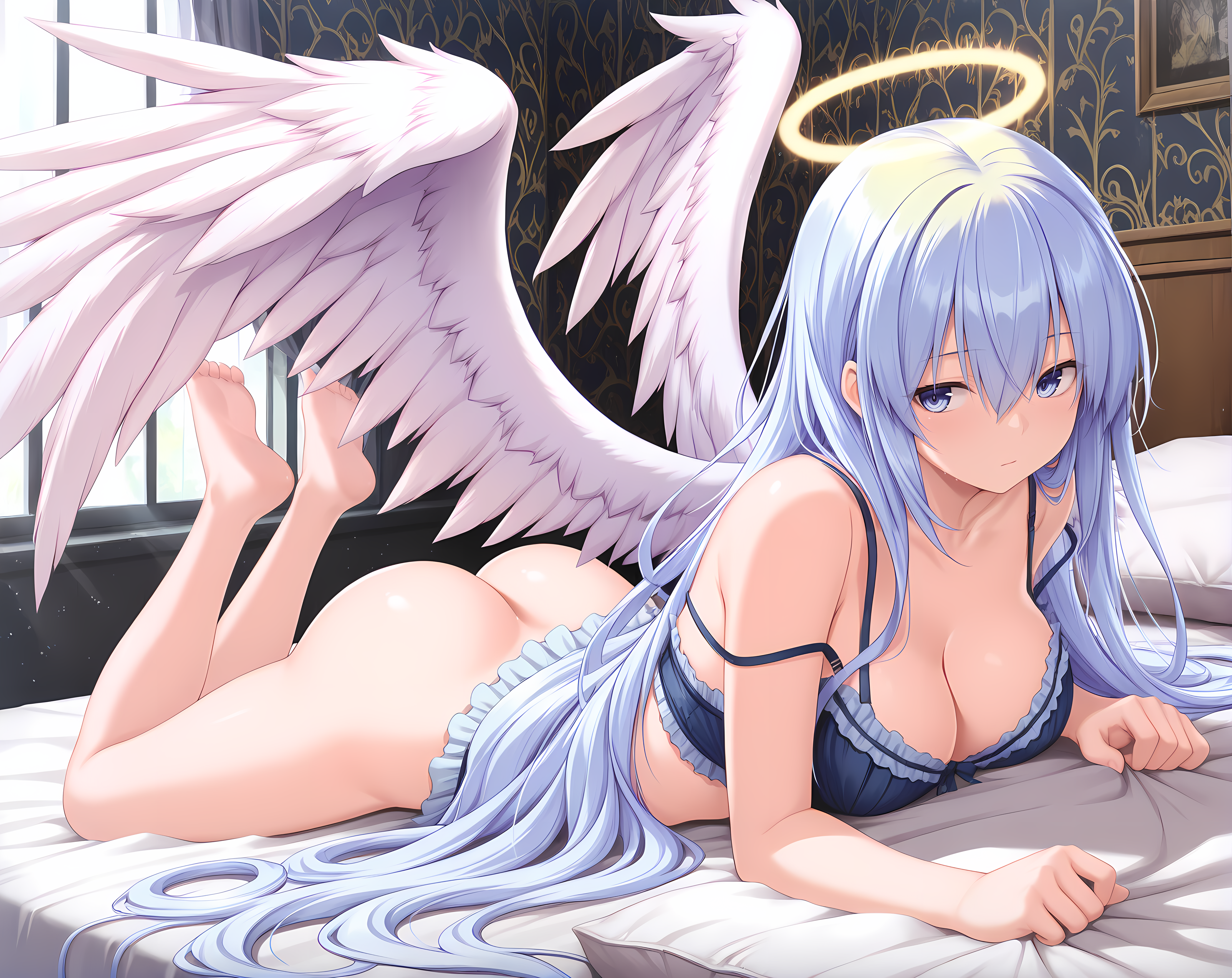 <lora:Mehisha:0.85>,mehisha,lingerie,frills,large breasts,very long hair,blue hair,blue eyes,hair between eyes,solo,bedroom,on stomach,ass,from behind,looking back,bra strap,barefoot,angel wings,white wings,halo,from above,, masterpiece,best quality,amazing quality, very aesthetic, absurdres,detailed eyes,ultra-detailed,
