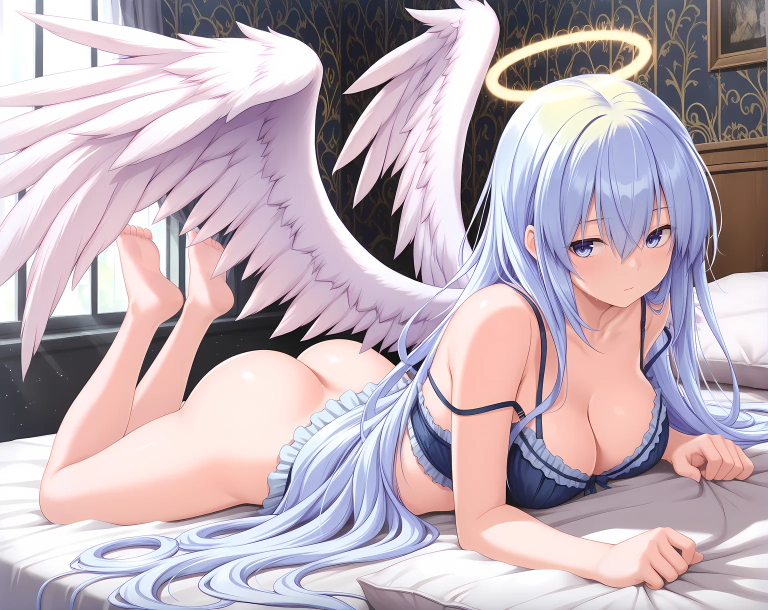 <lora:Mehisha:0.85>,mehisha,lingerie,frills,large breasts,very long hair,blue hair,blue eyes,hair between eyes,solo,bedroom,on stomach,ass,from behind,looking back,bra strap,barefoot,angel wings,white wings,halo,from above,, masterpiece,best quality,amazing quality, very aesthetic, absurdres,detailed eyes,ultra-detailed,