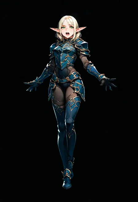 1girl, elf girl, armor,  guardian, teeth, lips, thin lips, solo, looking at viewer, open mouth,   masterpiece, best quality, very aesthetic,  full body, simple background, black background