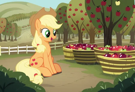 hi_res, score_9, score_8_up, 1girl, source_pony, applejack, happy, large smile, closeup, sitting, apple orchard, sharp focus <lora:MLP_Style:1>