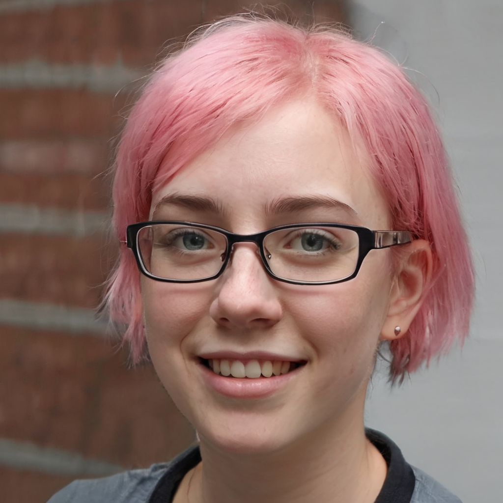 portrait photo of a young female with pink hair wearing glasses