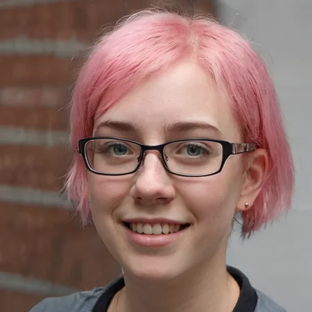 portrait photo of a young female with pink hair wearing glasses