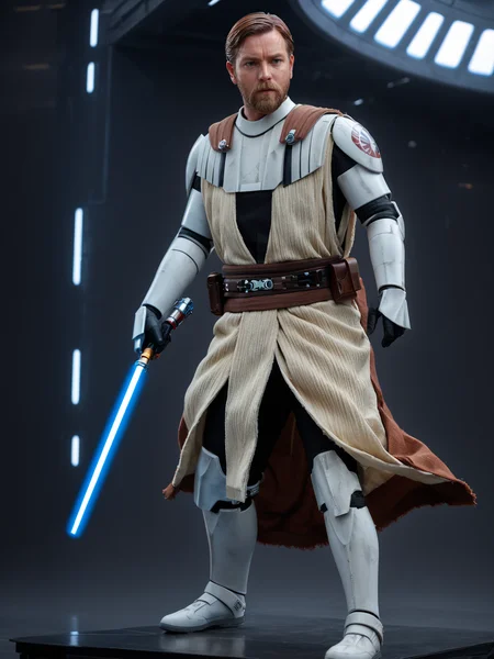 (side view1.5) of General Obi-Wan Kenobi <lora:General_Obi-Wan_Kenobi:0.8> in a futuristic spaceport, dynamic action pose, holding lightsaber, beard, facial hair, realistic, cloak, armor, smoke and fire, insanely detailed, lifelike, frowning, atmospheric, intricate, character photography, 8k, sharp focus, unreal engine 5, volumetric lighting, octane render, vray, Fujifilm XT3, DSLR, 50mm, ultra-realistic, hyperrealism, authentic star wars atmosphere, masterpiece, trending on artstation