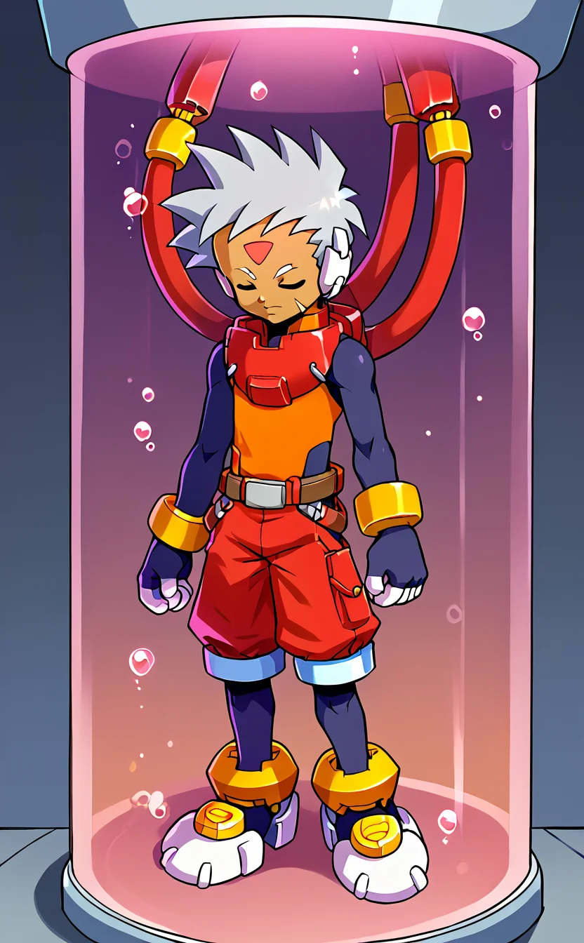 score_9,score_8_up,. score_7_up,score_6_up,score_5_up,score_4_up,source_anime BREAK <lora:vent_Grey:1>,grey \(mega man\),solo,closed eyes,1boy,male focus,gloves,shorts,full body,red shorts,grey hair,bodysuit,dark skin,forehead jewel,belt,(cable:0.8),robot ears,facial mark,fingerless gloves,bracelet,pantyhose under shorts,(pantyhose:0.6),dark-skinned male,shirt,orange shirt,<lora:Stasis Tank v6:1> BREAK (stasis tank:1.2),(floating:1.2),air bubble,in container,hanging,