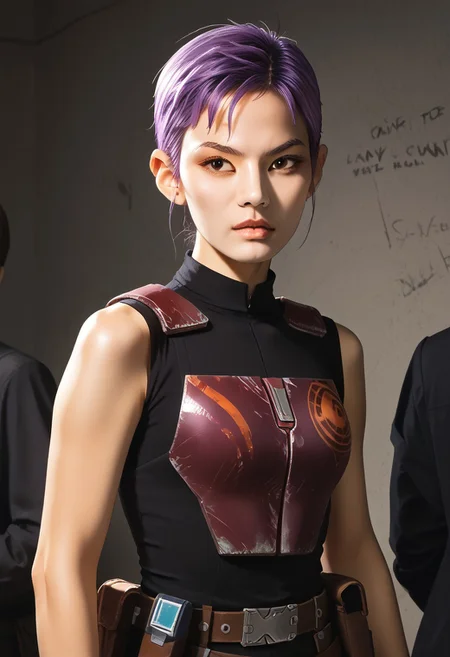 score_9, score_8_up, score_7_up, score_6_up,
1 girl , big eyes, 1 gorgeous girl) asian girl
purple hair, Brown eyes, Morena Skin, short hair, dark purple hair, almond-shaped Asian eyes, square-shaped face, light brown skin color, brown skin (short asymmetrical haircut, dyed in dark purple), boy short hair cut, (buzz-cut, tomboy-cut)
Futuristic female Mandalorian warrior with East Asian features, short purple hair (purple),
wearing a sleek Mandalorian armor with graffiti-style paint patterns in purple, orange, and gray.
She has a confident, rebellious expression, detailed armor with a phoenix symbol on the shoulder plate, leather gloves, utility belt, blaster holsters.
Futuristic sci-fi background, cinematic lighting, high detail
portrait picture