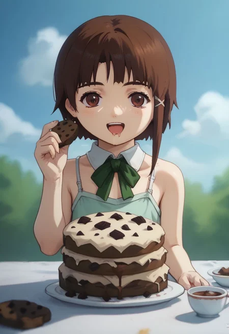 score_9, score_8_up, score_7_up, score_6, source_anime, lain, brown hair, ((light green camisole, green bowtie)), table, tartan tablecloth, (single tea pot, single tea cup), ((overjoyed, extremely happy, hypomania, drooling, eating, bulimic)), ((big cupcakes, huge cakes, brownies, cookies)), cute, (chibi), close view, clouds sky background, outdoors, airborne