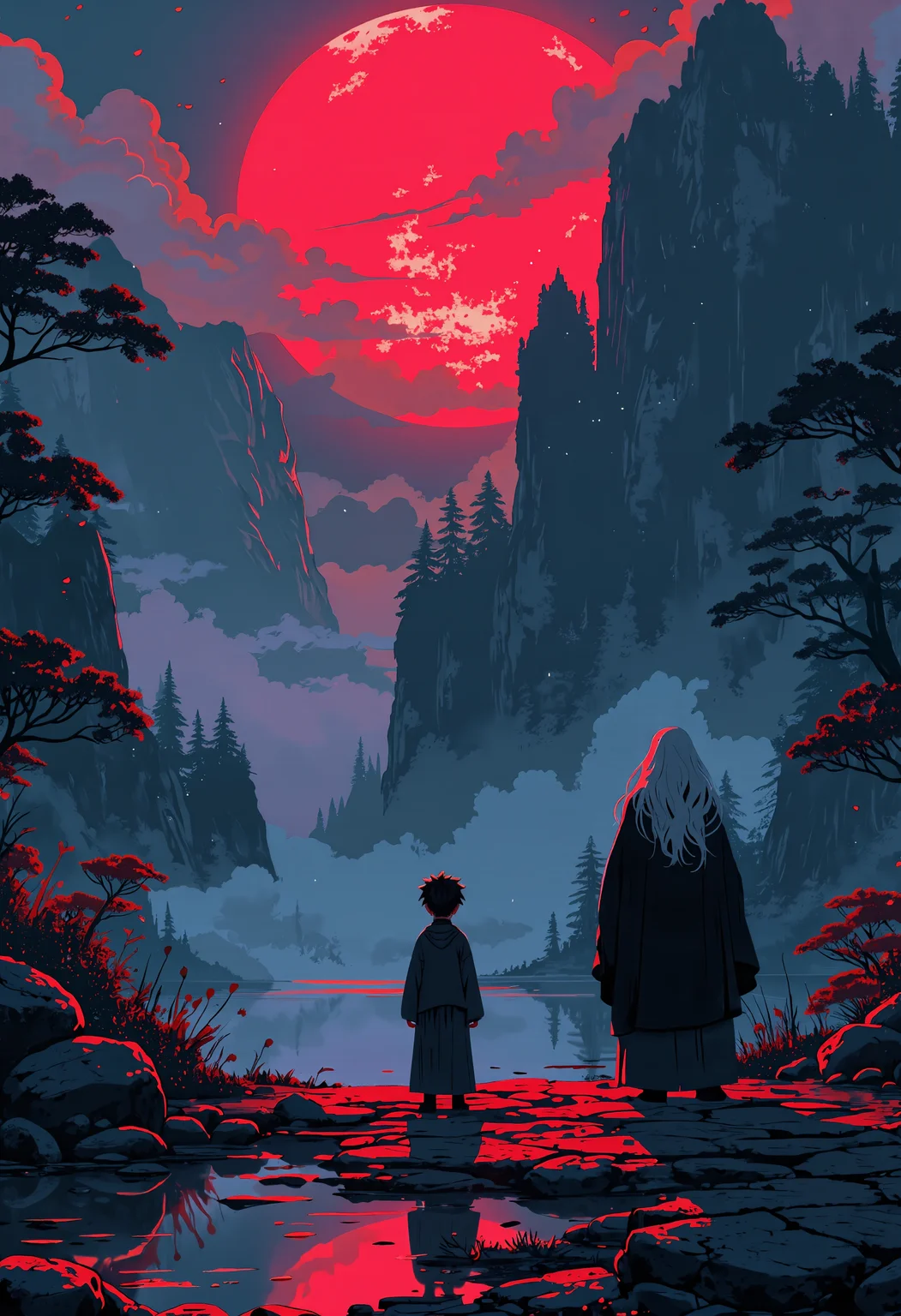 anime style, mythp0rt, In the shadowy depths of the Laoshan mountains, a young scholar stands before a mystical Taoist master, his face lit by the faint glow of crimson moonlight filtering through the dense forest. The air is thick with the scent of ancient pines, and the distant echoes of chanting can be heard. The Taoist, with long flowing white hair, imparts the secret of passing through wallsâa skill that defies the laws of the physical world. The scene is charged with an aura of mysticism and quiet power, as the scholar's eager eyes reflect the moonlit silhouette of the towering mountains, unaware of the trials that lie ahead. The atmosphere is one of quiet anticipation and the untamed energy of ancient magic, highlighting the profound contrast between the scholar's naivety and the wisdom of the old Taoist master <lora:FluxMythP0rtr4itStyle:0.5> <lora:Halftone_Flux:0.3> <lora:MJanime_Flux_LoRa_v3_Final:1>