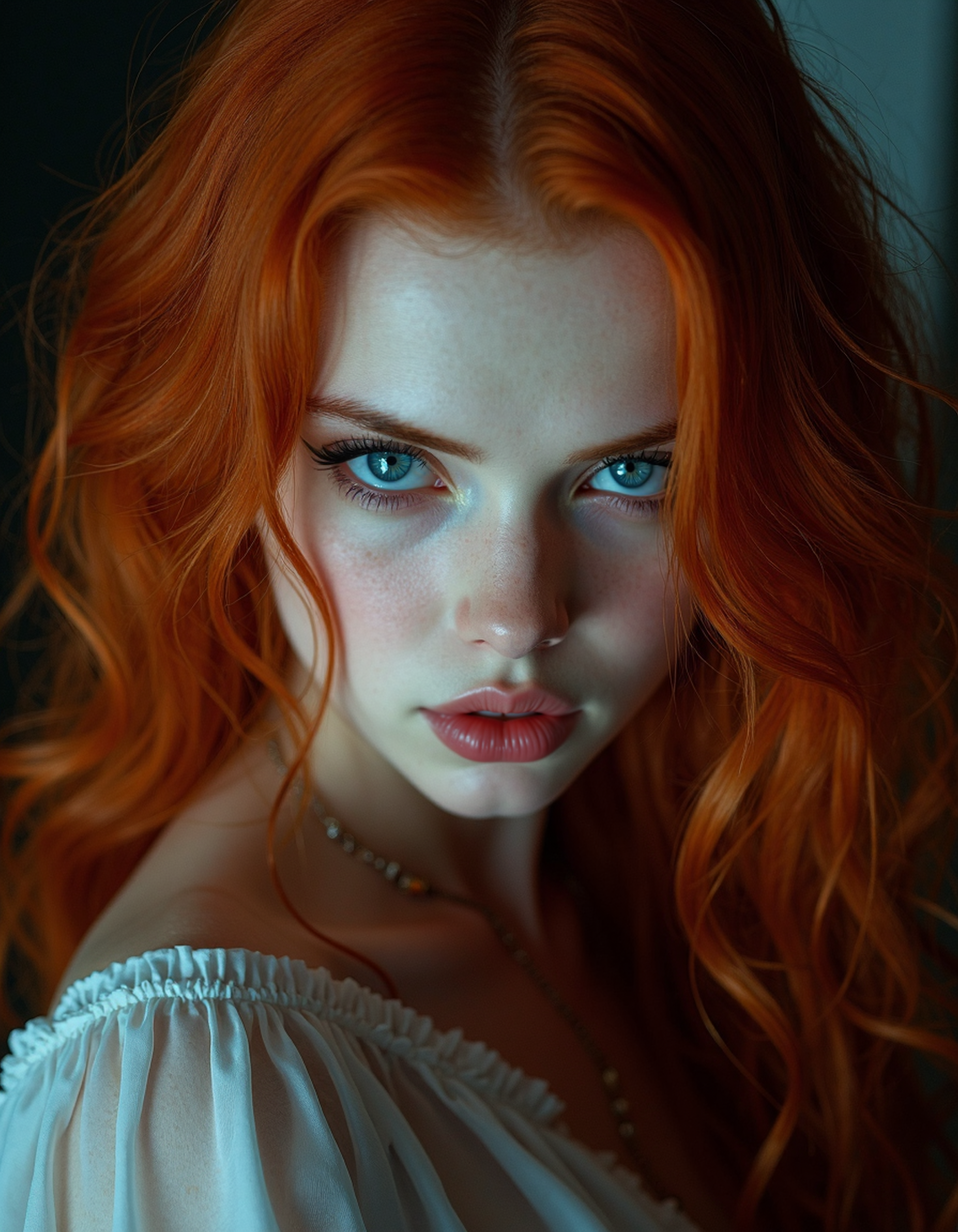 isometric style (dark mood masterpiece Photography:1.2), portrait of a mysterious woman with blue eyes and bold eyeliner looking seductively, smirking, naughty expression, long wavy red hair. The extreme realism focuses on her detailed skin, showing fine textures and natural highlights. photography masterpiece, modern, irresistible beauty, fuzzy lighting, dark mood, unusual composition, use of negative space, (rule of thirds composition), simmetry , mysteriouse, emotional, flirting, (fine erotic content:0.65), groundbreaking unrivaled opus with unrivaled details, (Cream color scheme), highly detailed, melancholic, low-light hyper detailed photography, catchlights, from below, dutch angle shot,full body shot,style by luis royo,canon 5d mark 4,Vignette Photography,vivid art gallery spotlights . vibrant, beautiful, crisp, detailed, ultra detailed, intricate