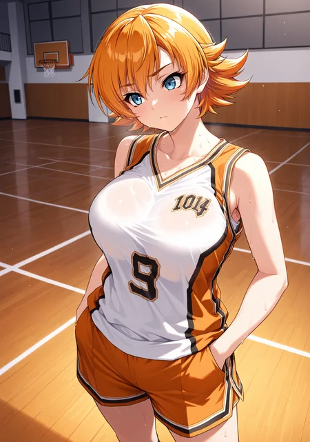 masterpiece, best quality, 1girl, solo, Igawa Sakura, orange hair, short hair, flipped hair, basketball jersey, basketball uniform, breasts, white shirt, sweat, gym, indoors, hands in pockets, head tilt, looking ahead, blue eyes, shorts, basketball court, wooden floor