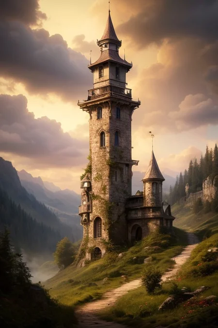 realistic analog photo, award winning photo, vary wide shot of magic stone witow tower:1.3, (Military watchtower), scenery, fantasy, hills, dirt road, nature, outdoors, RAW, highres, 8k, uhd, High Dynamic Range, tonemapping, crisp details,