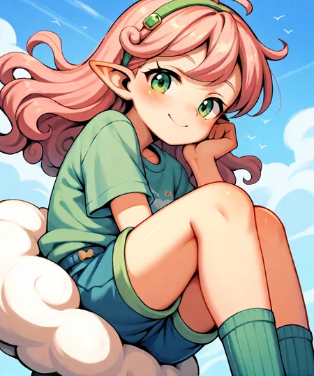 2d, (score_9, score_8_up, score_7_up, score_6_up, score_5_up, score_4_up), (cute:1.1), looking at viewer, sky, happy
BREAK <lora:windy_PDXL:0.85> p_windy, solo, pink hair, curly hair, long hair, green eyes, pointy ears,
shirt, shorts, socks, sitting on cloud,