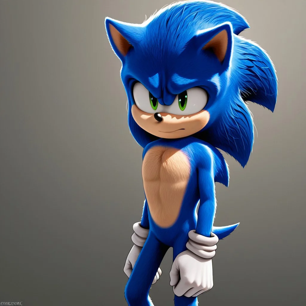 moviesonic,blue fur, green eyes,hedgehog ears, hedgehog tail,