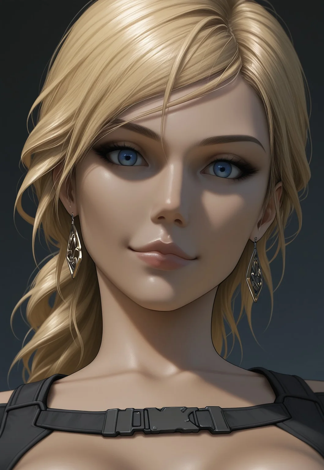 score_9, score_8_up, score_7_up, 1girl, upper-body portrait of olz_lara1, blonde hair, blue eyes, big eyes, jewelry, pinup girl pose, Expressiveh,looking at viewer, perfect face, aroused look on face, soft smile, realistic, fit body, sci-fit outfit, cute BREAK dramatic angle, unique perspective, unique angle, front view, face focus