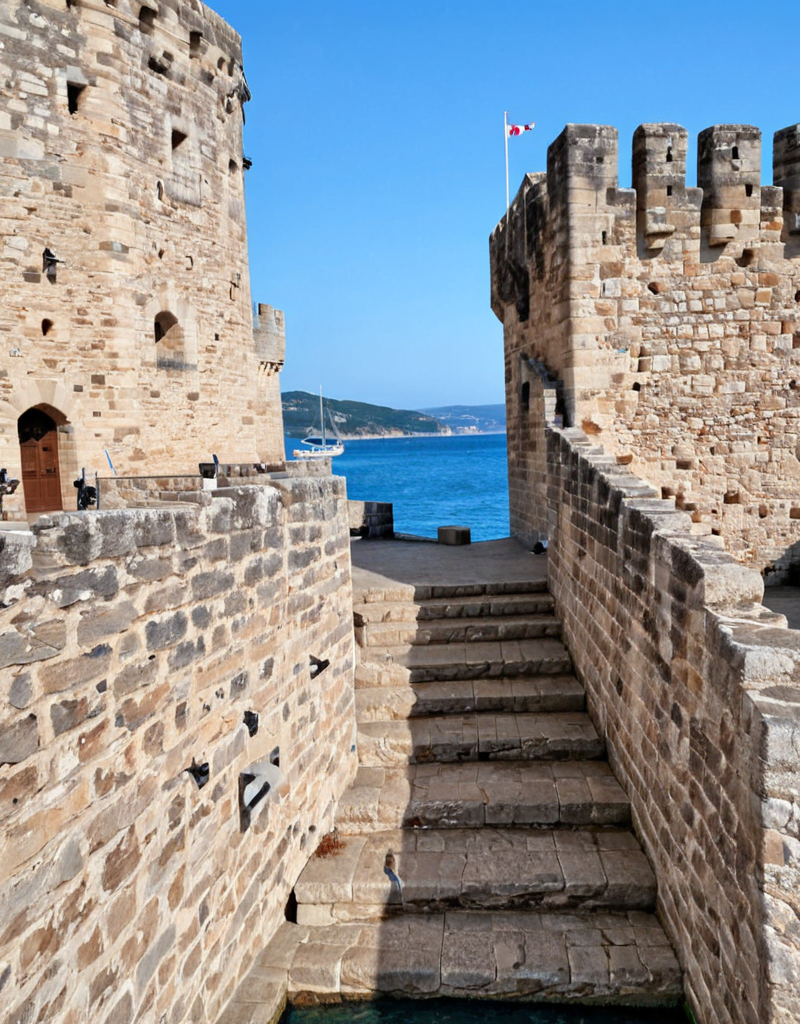 <lora:YCO_xl_F1c:1> yco_xl, fortified castle, outside, between two castle walls, blue sea, sailboats, scenery, stairs,