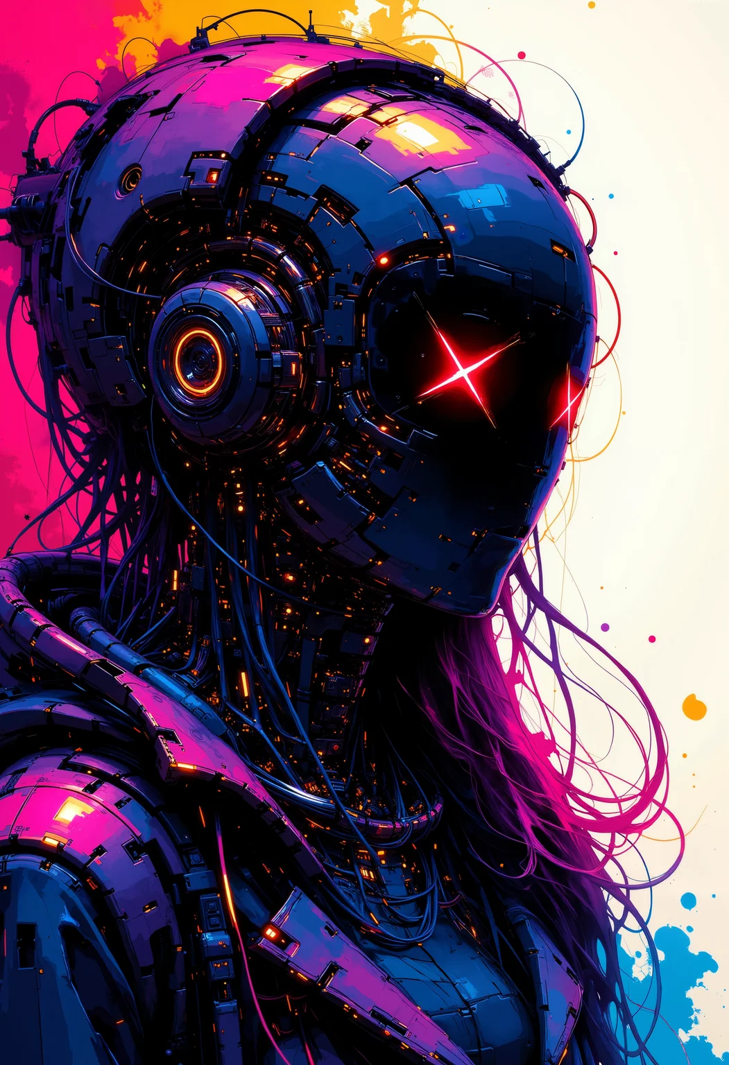 A digital cyberpunk art splash in the style of bo-cyborgsplash, a futuristic humanoid robot with a sleek black helmet and glowing red x-shaped eyes, fantastic abstract colorful art splash, high quality, ultra detailed.<lora:boFLUX Cyborgsplash.safetensors:1.0:1.0>
