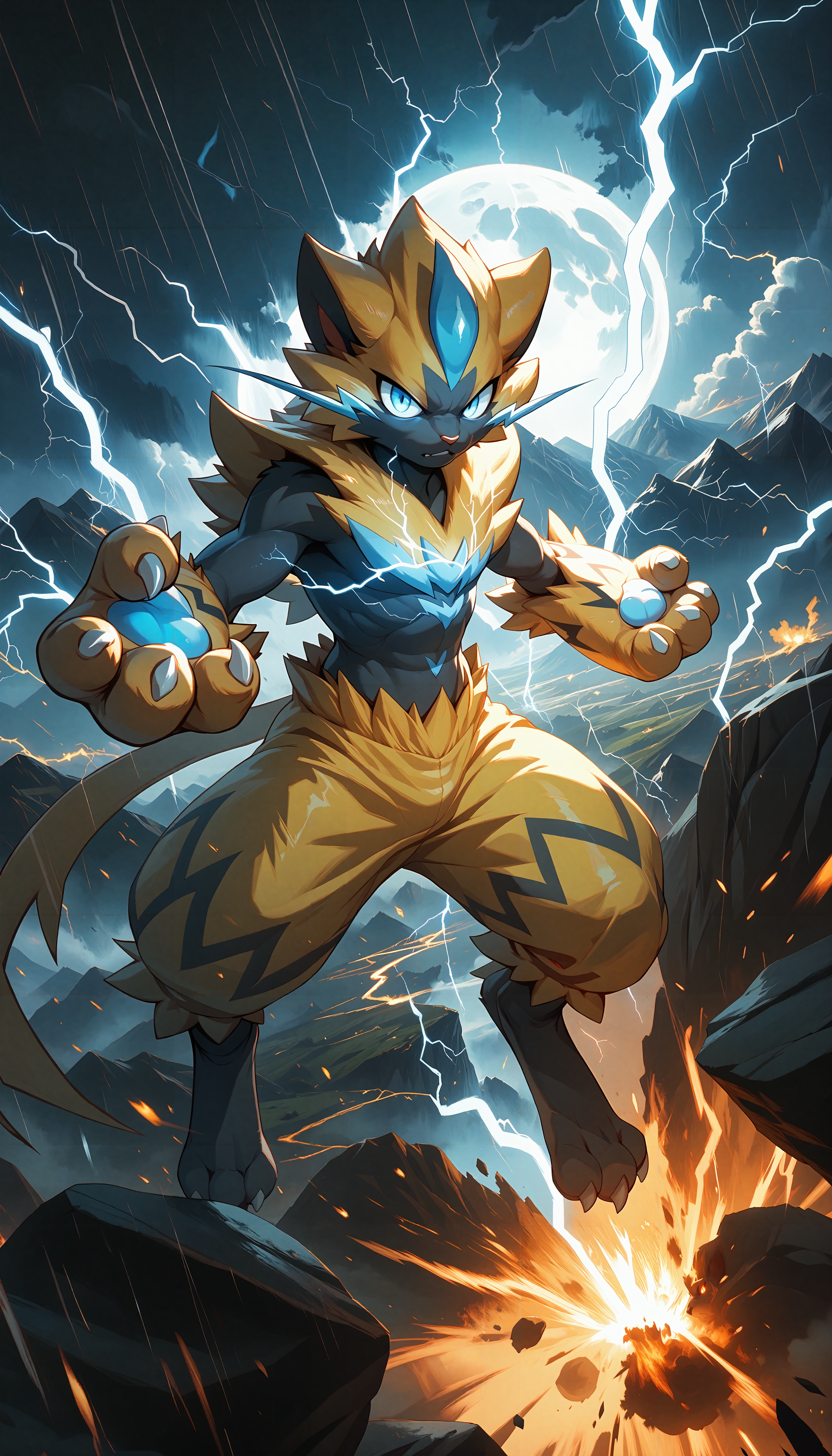 score_9,score_8_up,score_7_up,score_6_up,<lora:StS_PonyXL_Detail_Slider_v1.4_iteration_3:6>,<lora:add_brightness_XL:1>,<lora:Zeraora_-_Pokemon_PONY_XL:1>,Zeraora,furry,pokemon (creature),solo,floating,midair,looking at viewer,from above,close up,<lora:Lightning_magic_Magic_PACK:1>,Ligmagmb,electricity,lightning,glowing eyes,cloud,rain,moon,moonlight,mountain,rock,explosion,landscape,