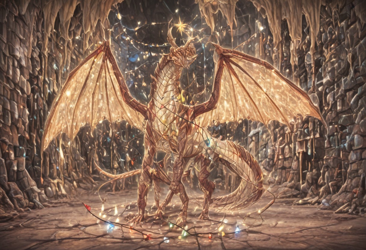 Dragon in Christmas cave, cave, festive cave, Christmas decorations, Christmas lights
(((Sparkling, Sparkly))) glowing dragon, christmas dragon, dragon wrapped in Christmas lights, glowing matrix, glowing Christmas lights, hyper realistic, photorealistic, HD, High detail, High detail eyes, high detail face, wings, glowing wings, light scales, glowing Christmas lights on wings, glowing light scales, tail, tail wrapped in Christmas lights, four legs, 
BREAK 
Snowy background
