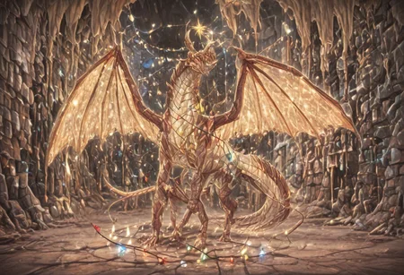 Dragon in Christmas cave, cave, festive cave, Christmas decorations, Christmas lights
(((Sparkling, Sparkly))) glowing dragon, christmas dragon, dragon wrapped in Christmas lights, glowing matrix, glowing Christmas lights, hyper realistic, photorealistic, HD, High detail, High detail eyes, high detail face, wings, glowing wings, light scales, glowing Christmas lights on wings, glowing light scales, tail, tail wrapped in Christmas lights, four legs,
BREAK
Snowy background