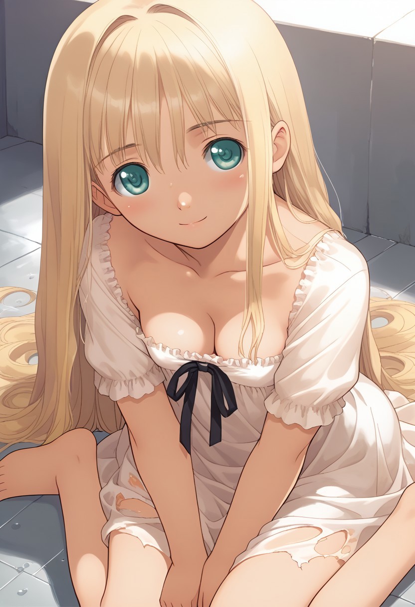 hortensia,score_9,score_8_up,score_7_up,source_anime,best quality,masterpiece,super fine illustration,from_above,1girl,solo,adorable_girl,flat_chest,(small_cleavage1.2),smile,shy,very_long_hair,white_long_dress,(torn_dress:1.2),dungeon_indoors,looking_at_viewer,kneeling,barefoot,(wet:1.0),water