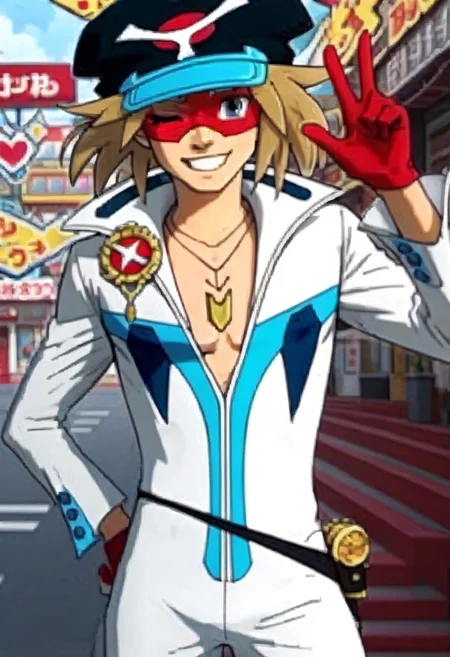((masterpiece)), ((best quality)), ((ultra-detailed)), ((absurdres)), score_9_up, score_8_up, score_7_up,
HD, top quality, best quality, amazing quality, High-quality illustrations, anime screencap, source_anime, best aesthetic, perfect proportions, perfect eyes, 1boy, 1male, solo boy, solo male, male focus, solo male focus, Anime, boy, male anime character, anime boy, handsome, sexy, cute, charming, ((tall body, tall height)), ((slender body, slim body)), Gan Takada, blonde hair, blue eyes, red eye mask, red ribbons, hat, white jumpsuit, necklace, red gloves, thin black belt, ((cowboy shot, head to hips shot)), ((waving hand gesture, 👋 gesture, happy, one eye wink)), easynegative, updn, Expressiveh, masterpiece, best quality, very aesthetic, absurdres