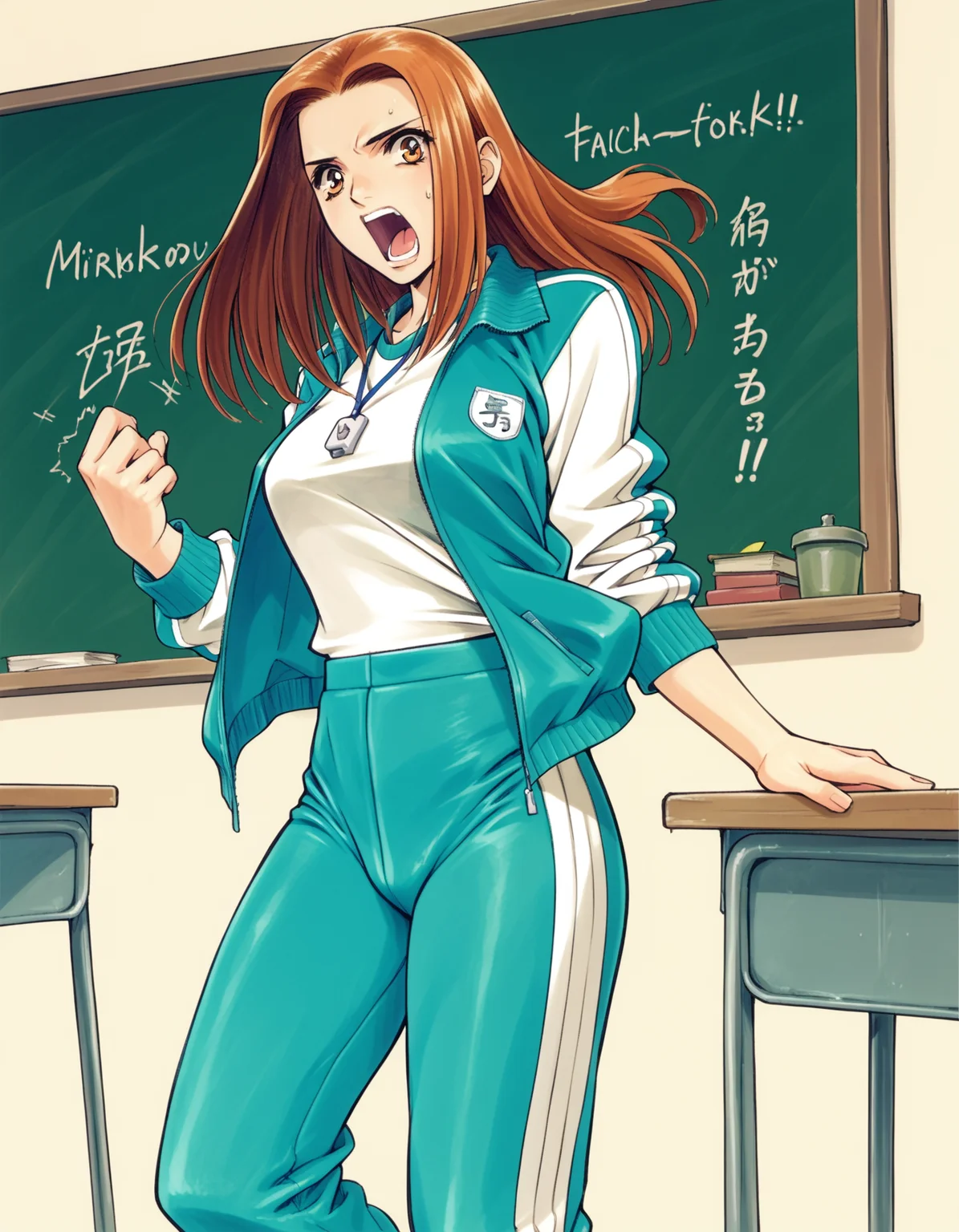 score_9, score_8_up, score_7_up, <lora:peridot-voice-ponyxl-000022:0.8> minako, track jacket, open jacket, white shirt, track pants,
1girl, solo, whistle around neck, classroom, teacher, chalkboard, podium, shouting