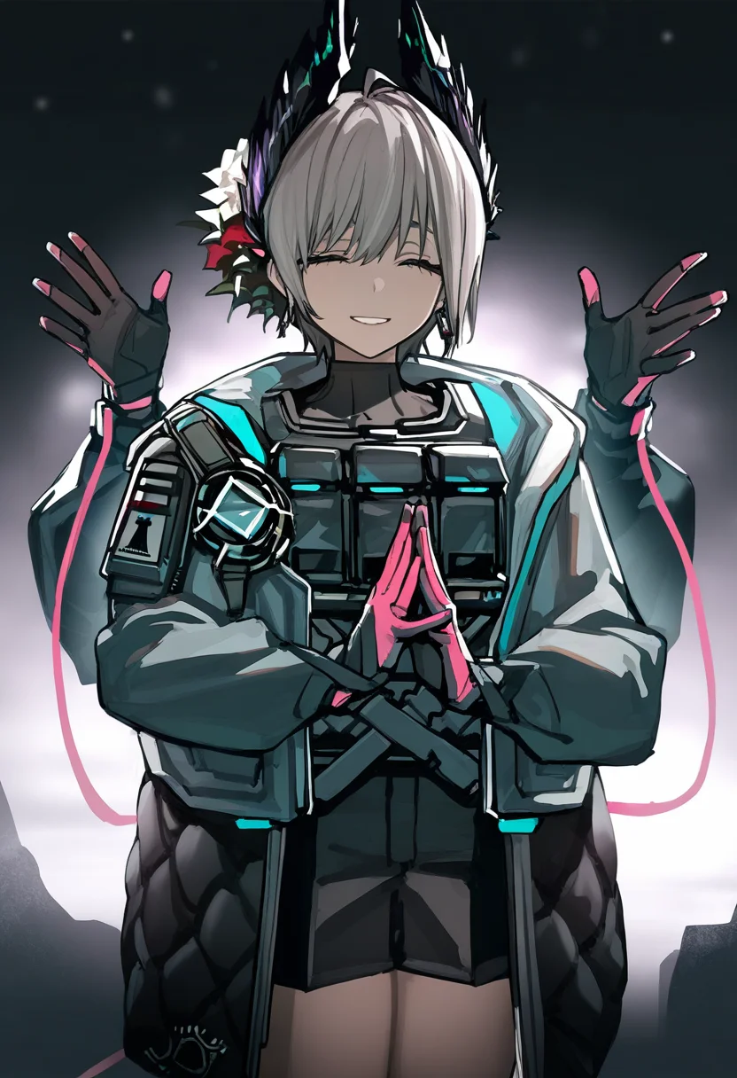raidian \(arknights\),1girl,coat,black gloves,pink gloves,closed eyes,extra arms,smile,
masterpiece,best quality,high definition,ultra-detailed,<lora:raidian-000120:1>,raidian \(arknights\),