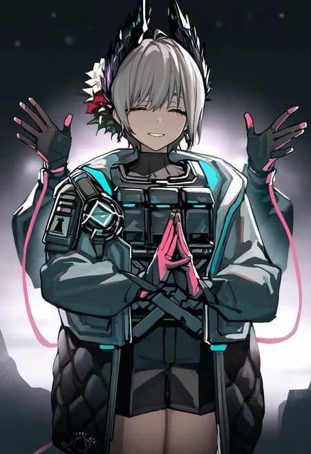 raidian \(arknights\),1girl,coat,black gloves,pink gloves,closed eyes,extra arms,smile,
masterpiece,best quality,high definition,ultra-detailed,<lora:raidian-000120:1>,raidian \(arknights\),