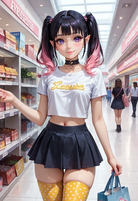 score_9, score_8_up, score_7_up, score_6_up, score_9, score_8_up, score_8, semi realistic, Outdoor_public_sexV1, read description, Expressiveh, zzDraculaura, twintails, multicolored hair, pink hair, black hair, purple eyes, beautiful eyes, beautiful eyelashes, pointy ears,thick thighs, ass, cute, love handles, yellow polka dot stockings, cute stockings, choker, standing, bellybutton visible, pervert look, blushing, mini shirt, cute skirt, thighs visible, underwear visible, perfect eyes, medium boobs, correct hands, smiling, 🫦, perfect face, perfect hair, detailed,
BREAK,
Outdoors, mall background, shopping store, crowded area, witnesses, girl focus